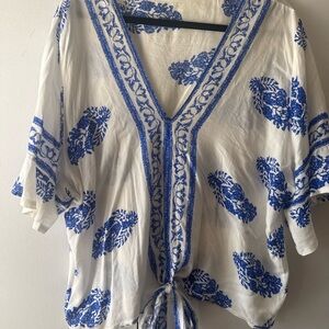 SHEIN Blue White Boho Print Tie Front Blouse Cropped Flowy XL